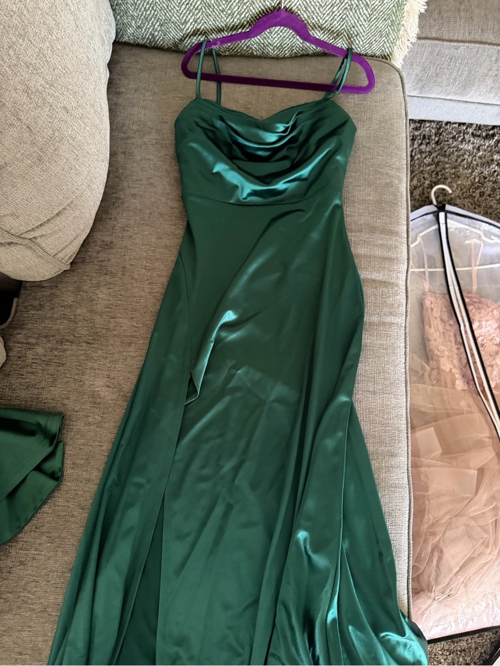 Emerald Green Satin Cowl Neck Slip Dress - Picture 1 of 6